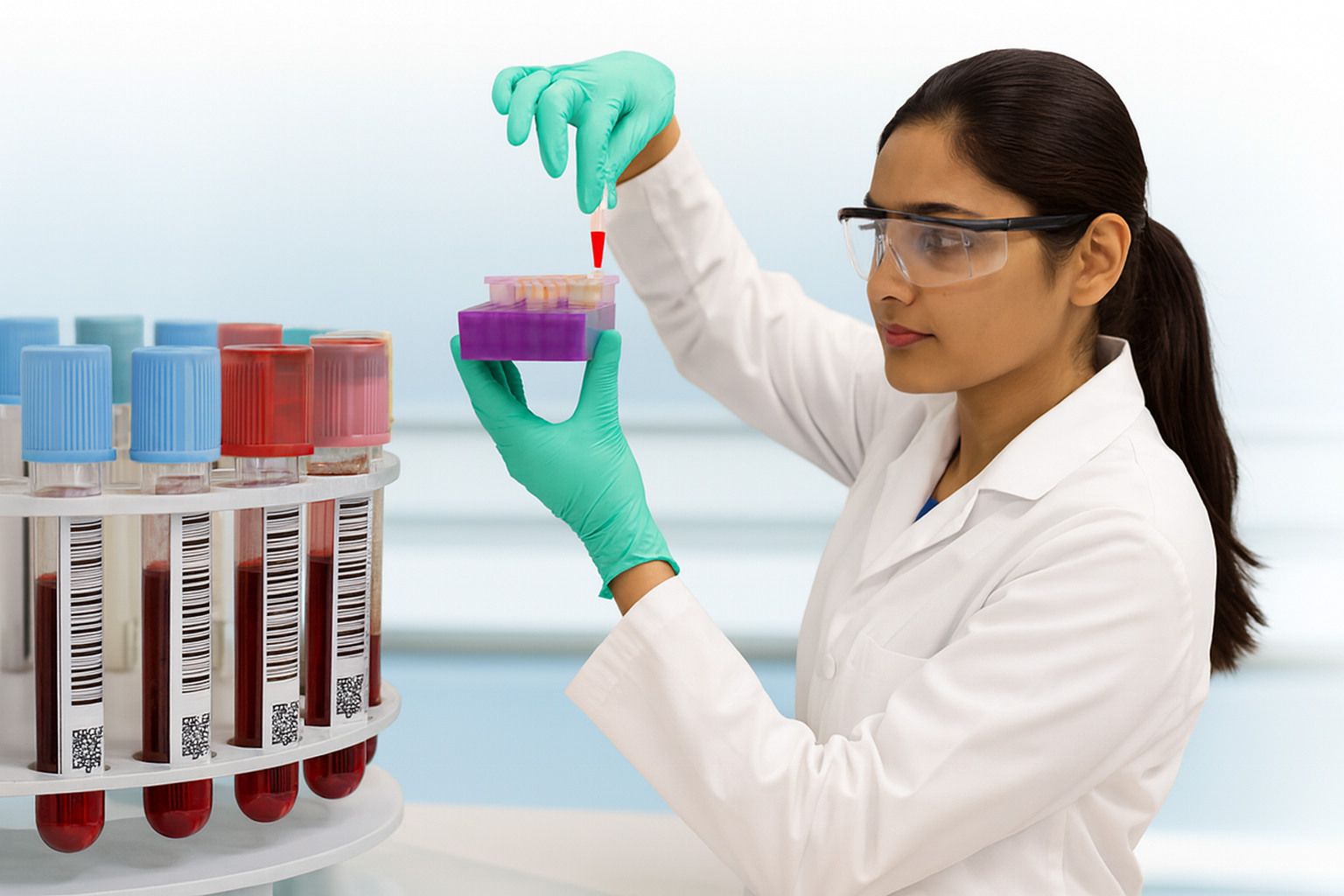 Technician collecting blood sample in a modern lab